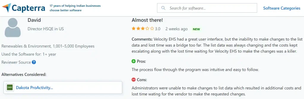 Velocity EHS Capterra review